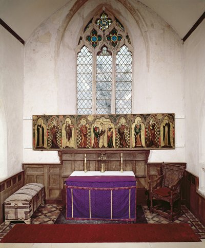 Retabel, das die Kreuzigung mit acht Heiligen darstellt, ca. 1300 von English School